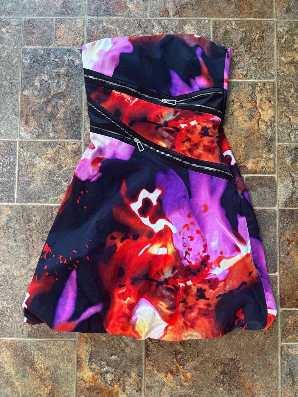 Karen Millen Strapless Abstract Floral Dress in Red and Purple